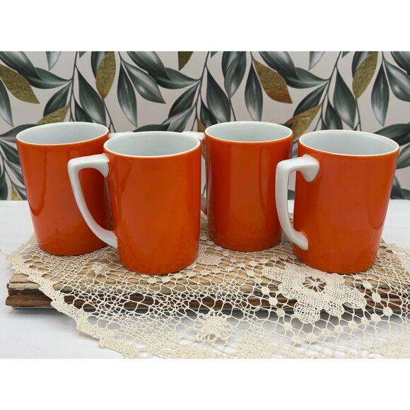 Set of Four VTG 60s Retro MOD Orange and White Mugs Ceramic D Handle - Picture 2 of 5